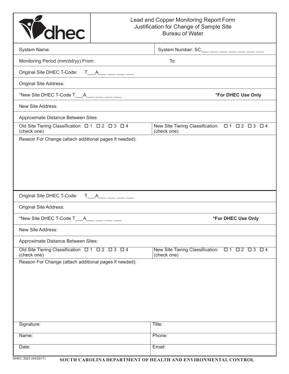 DHEC Form 3023 Lead and Copper Monitoring Report Form - Justification for Change of Sample Site - South Carolina, Page 1