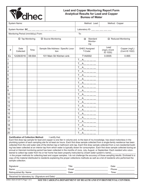DHEC Form 3024 Lead and Copper Monitoring Report Form - Analytical Results for Lead and Copper - South Carolina