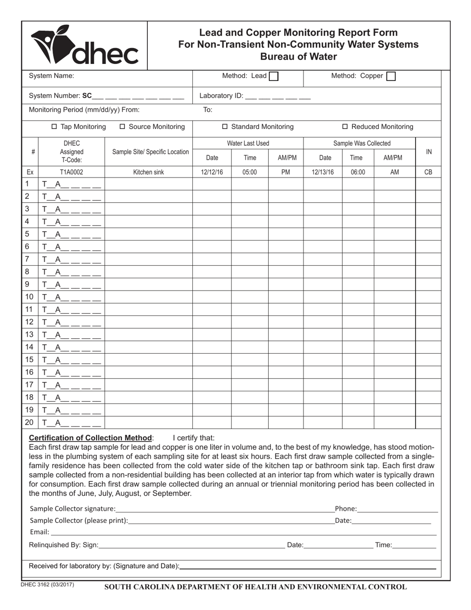 DHEC Form 3162 Lead and Copper Monitoring Report Form for Non-transient Non-community Water Systems - South Carolina, Page 1