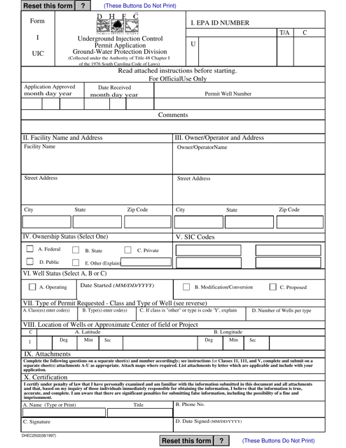DHEC Form 2502 (I UIC) Underground Injection Control Permit Application - South Carolina