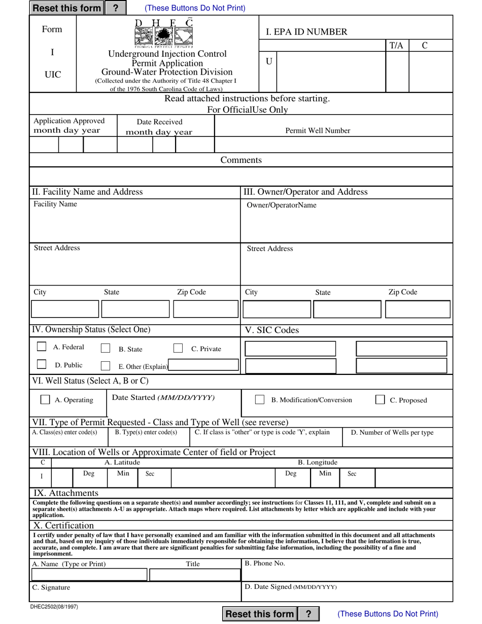 DHEC Form 2502 (I UIC) - Fill Out, Sign Online and Download Fillable ...