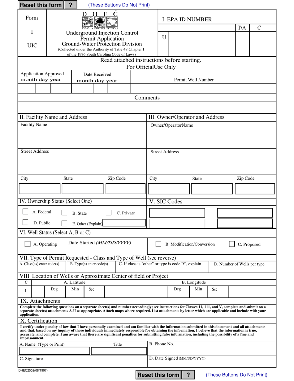 DHEC Form 2502 (I UIC) Underground Injection Control Permit Application - South Carolina, Page 1