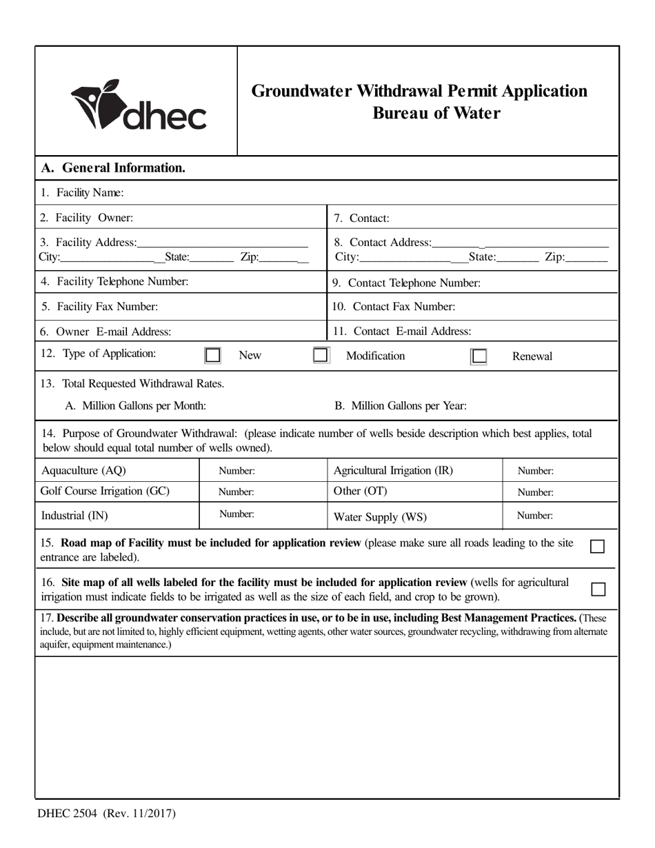 DHEC Form 2504 Groundwater Withdrawal Permit Application - South Carolina, Page 1