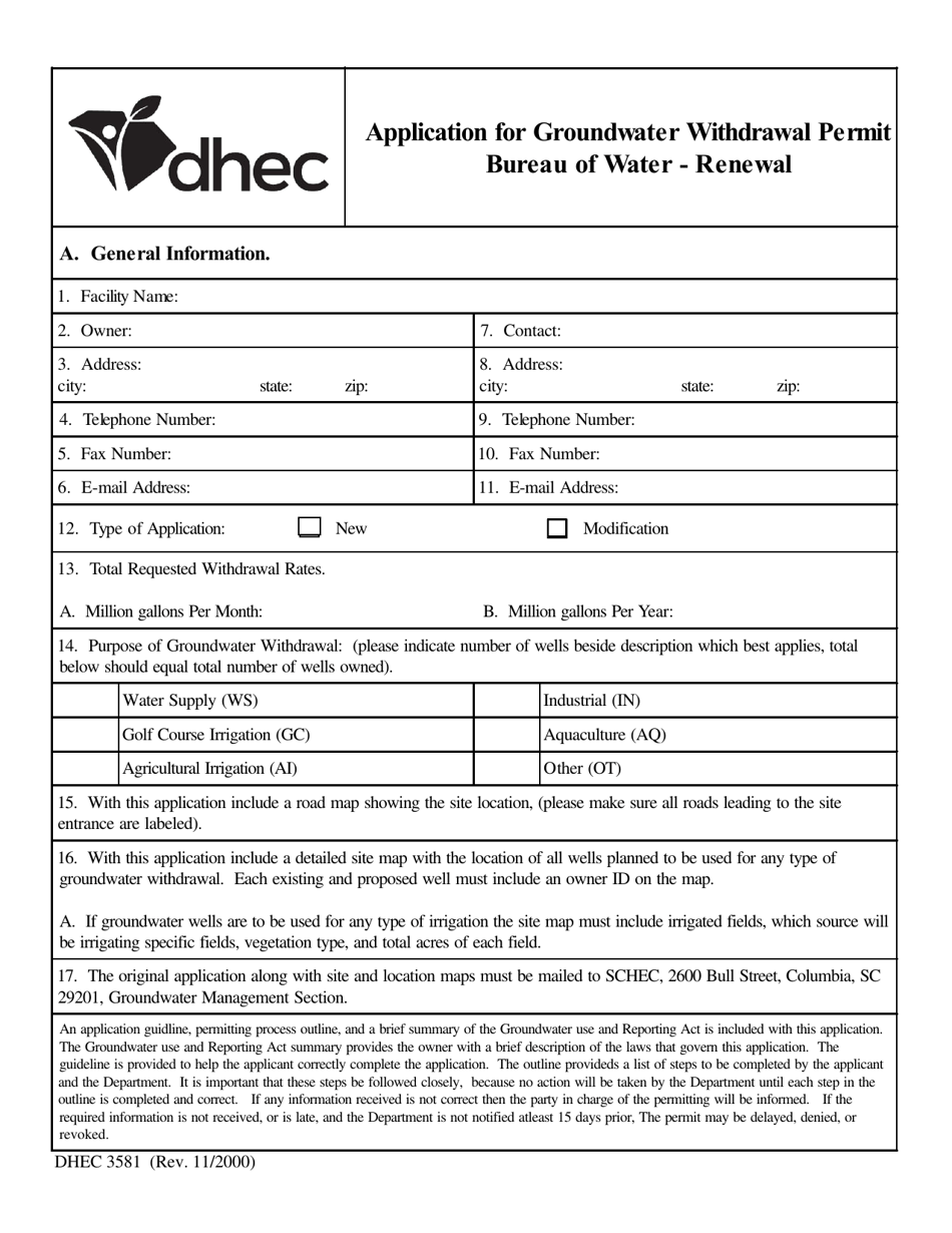 DHEC Form 3581 Application for Groundwater Withdrawal Permit Renewal - South Carolina, Page 1
