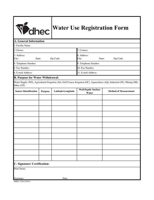 DHEC Form 3764 Water Use Registration Form - South Carolina