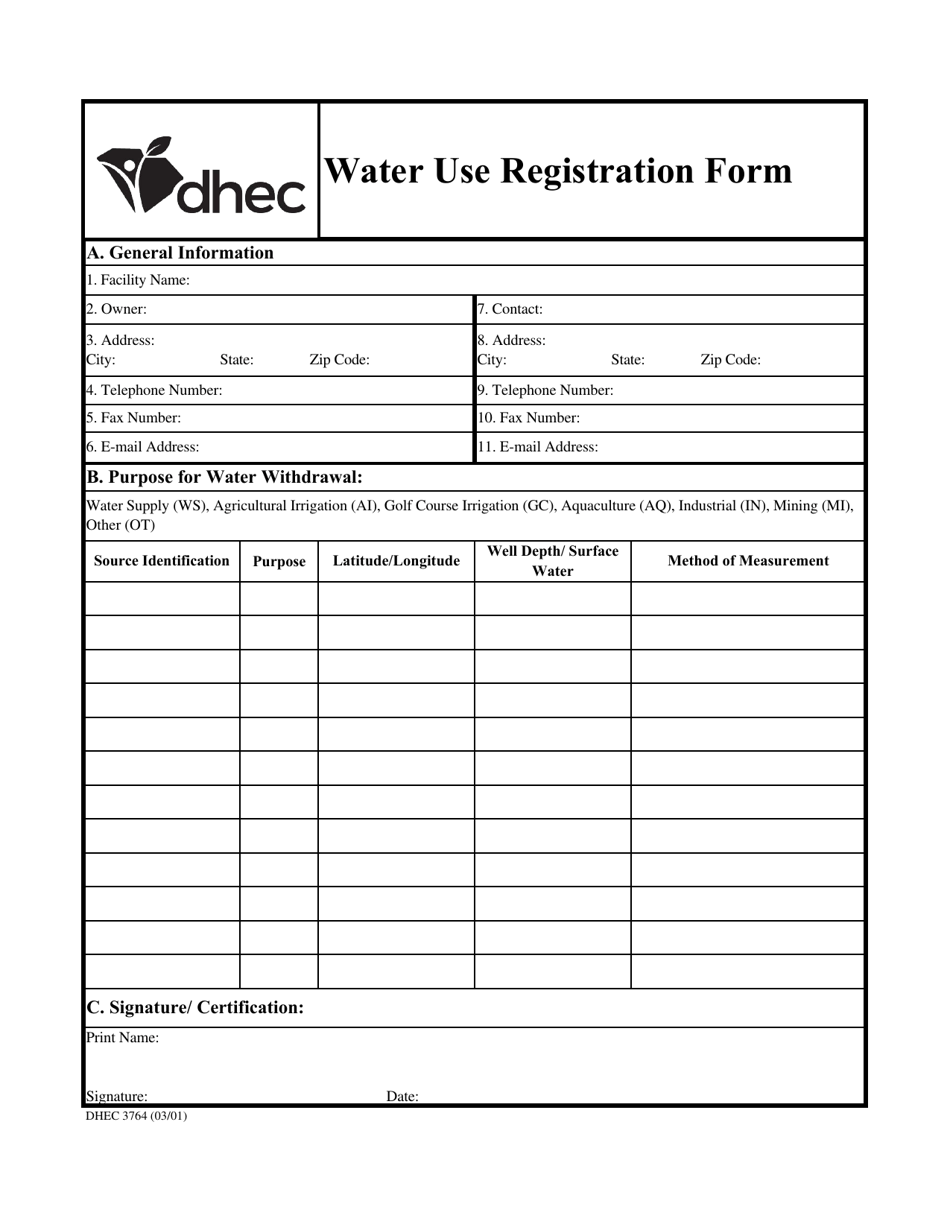 DHEC Form 3764 Water Use Registration Form - South Carolina, Page 1