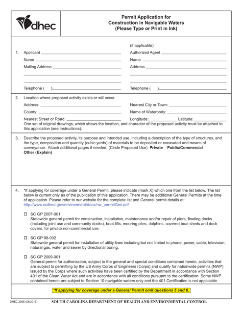 DHEC Form 2065 Permit Application for Construction in Navigable Waters - South Carolina