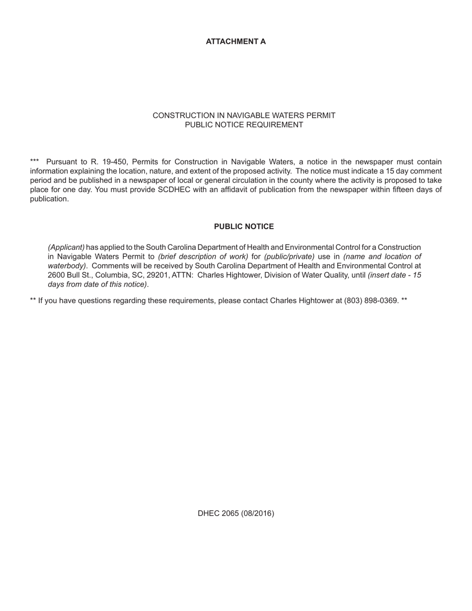 DHEC Form 2065 Permit Application for Construction in Navigable Waters - South Carolina, Page 3