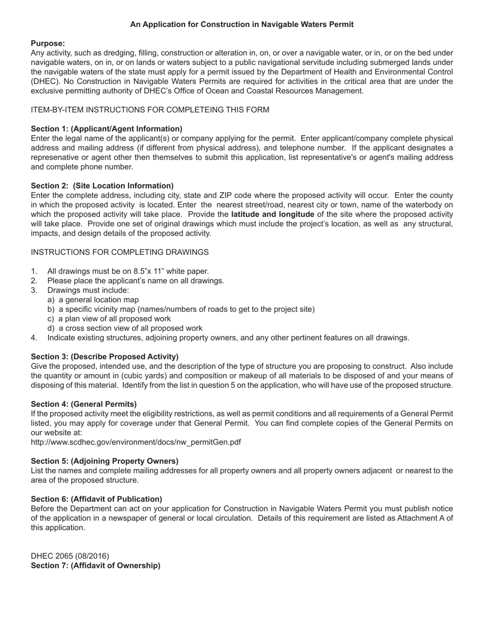 DHEC Form 2065 Permit Application for Construction in Navigable Waters - South Carolina, Page 5