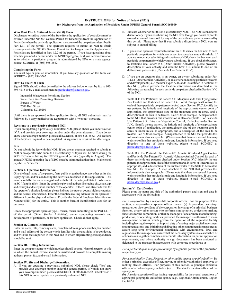DHEC Form 2732 Notice of Intent (Noi) - Npdes General Permit for Discharges From the Application of Pesticides Scg160000 - South Carolina, Page 4