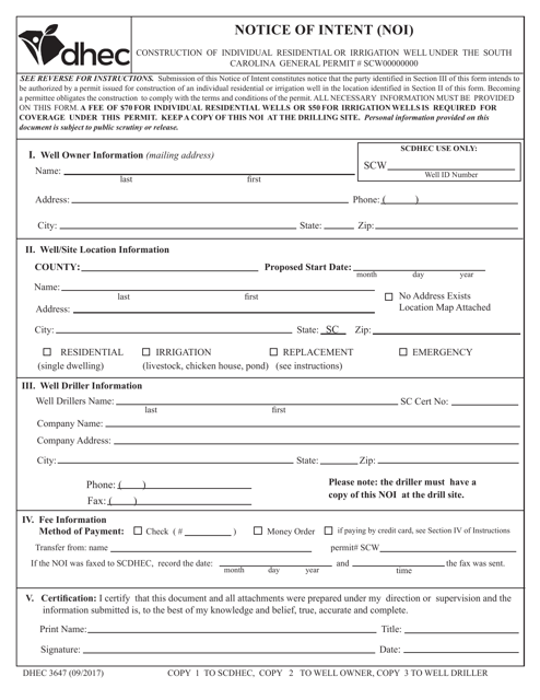 DHEC Form 3647  Printable Pdf
