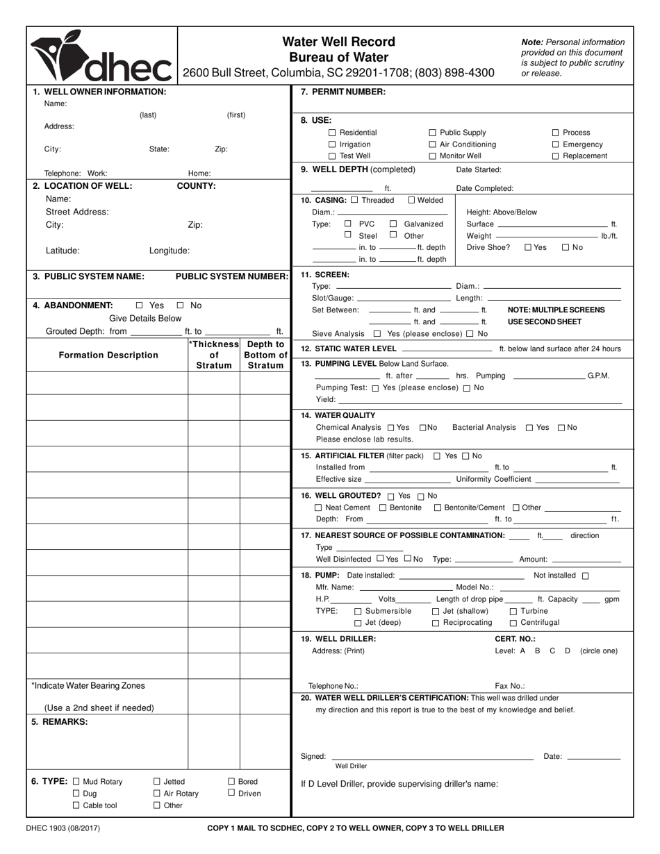 DHEC Form 1903 Water Well Record - South Carolina, Page 1