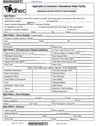 DHEC Form 2501 Application to Construct a Recreational Water Facility - South Carolina