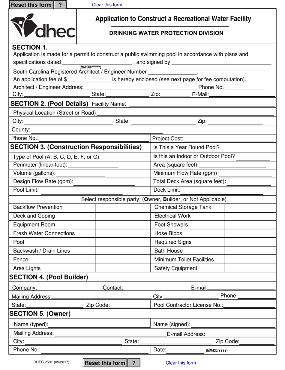 DHEC Form 2501 Application to Construct a Recreational Water Facility - South Carolina, Page 1