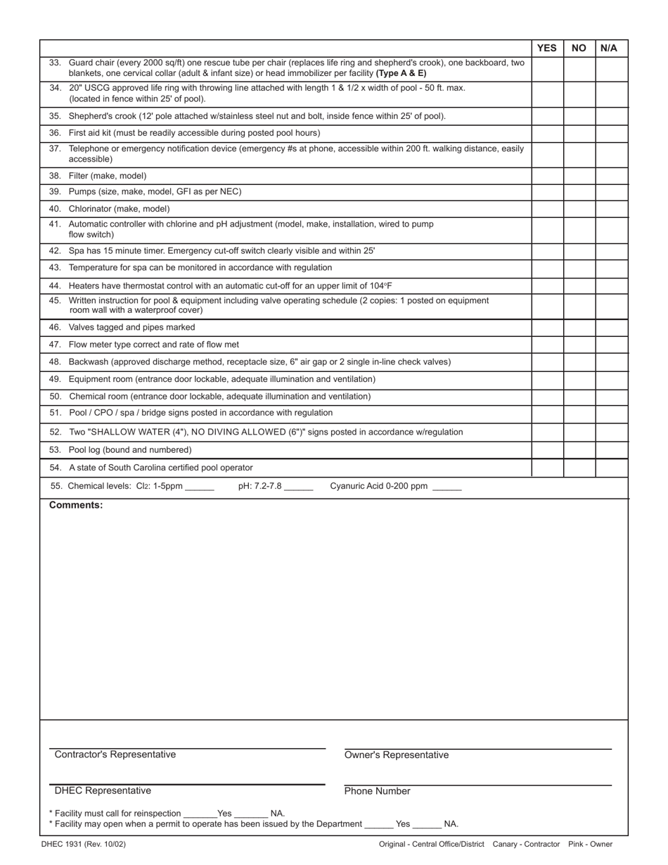 DHEC Form 1931 - Fill Out, Sign Online and Download Printable PDF ...