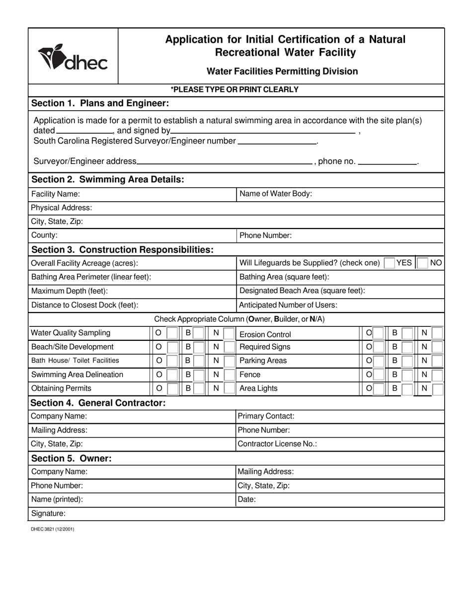 DHEC Form 3821 Application for Initial Certification of a Natural Recreational Water Facility - South Carolina, Page 1