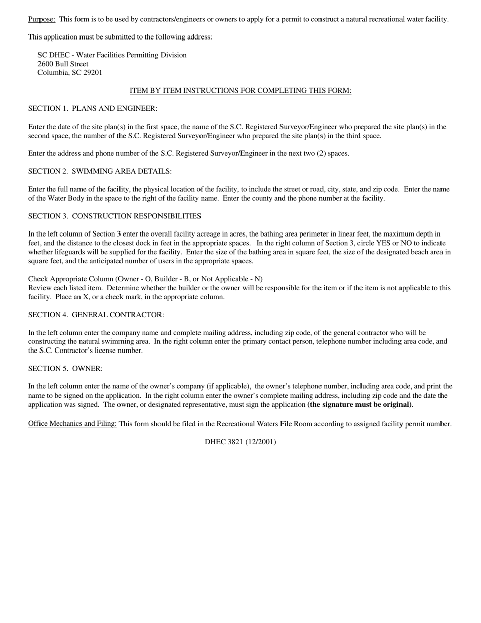 DHEC Form 3821 Application for Initial Certification of a Natural Recreational Water Facility - South Carolina, Page 2