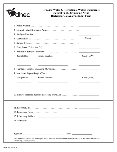 DHEC Form 3631 Bacteriological Analysis Input Form - South Carolina