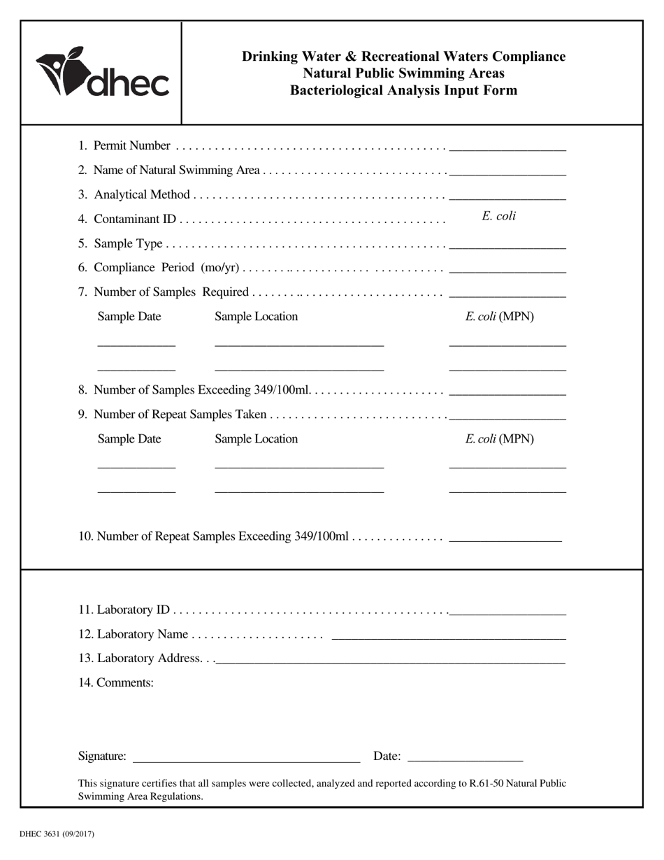 DHEC Form 3631 Bacteriological Analysis Input Form - South Carolina, Page 1