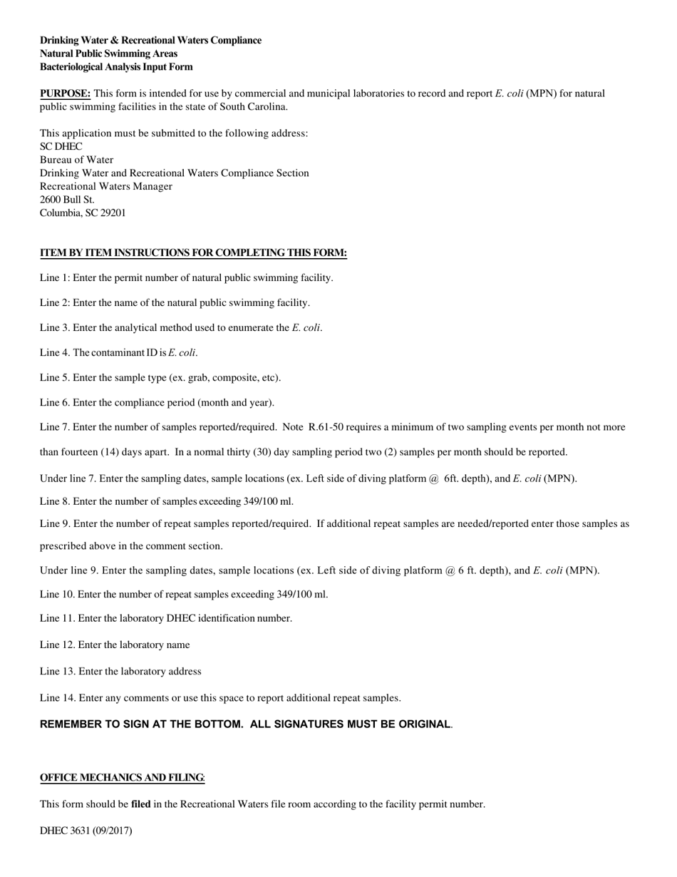 DHEC Form 3631 Bacteriological Analysis Input Form - South Carolina, Page 2