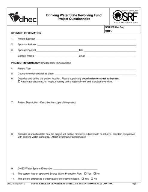 DHEC Form 3563 Drinking Water State Revolving Fund Project Questionnaire - South Carolina