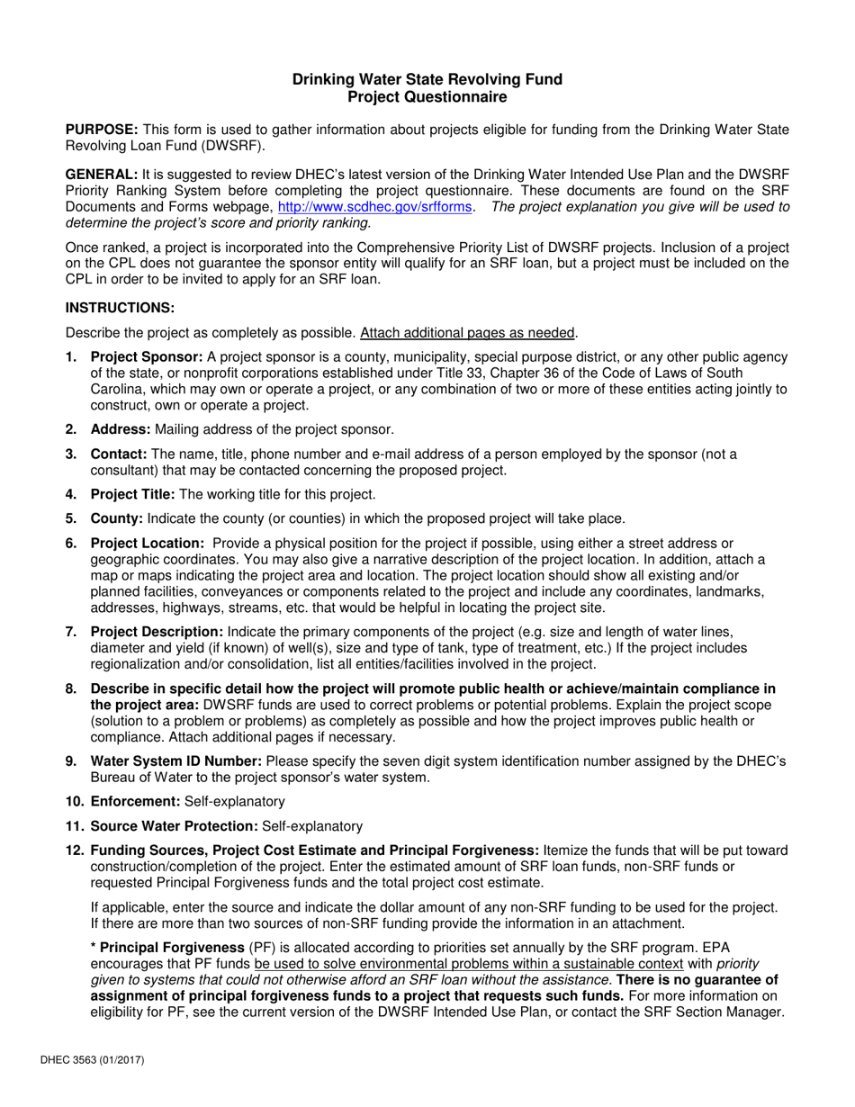 DHEC Form 3563 Drinking Water State Revolving Fund Project Questionnaire - South Carolina, Page 3