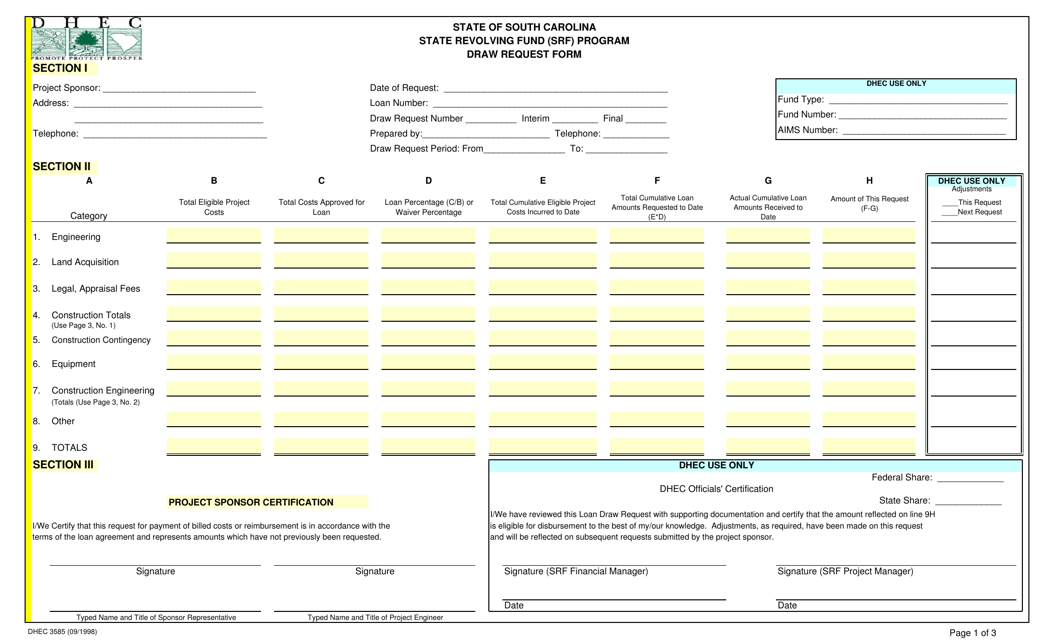 DHEC Form 3585 State Revolving Fund (Srf) Program Draw Request Form - South Carolina