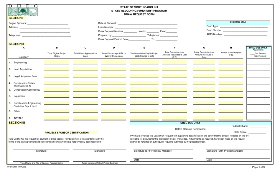 DHEC Form 3585 State Revolving Fund (Srf) Program Draw Request Form - South Carolina, Page 1