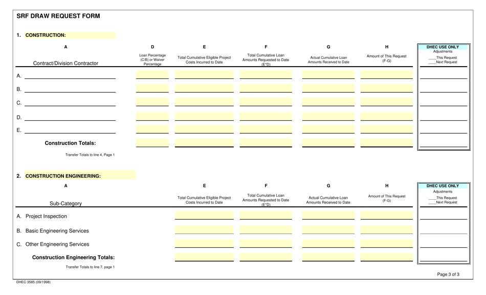 DHEC Form 3585 State Revolving Fund (Srf) Program Draw Request Form - South Carolina, Page 3