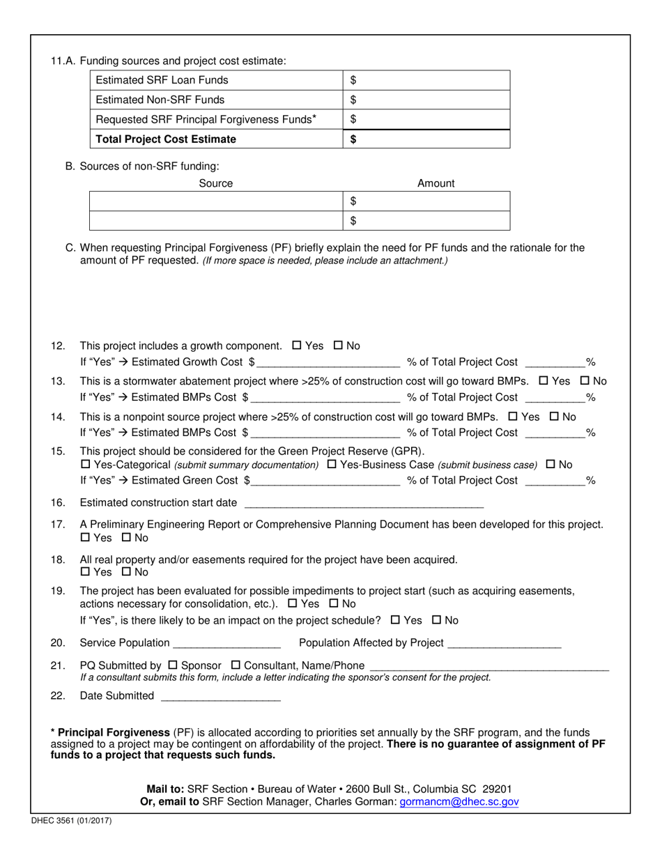 DHEC Form 3561 Clean Water State Revolving Fund Project Questionnaire - South Carolina, Page 2