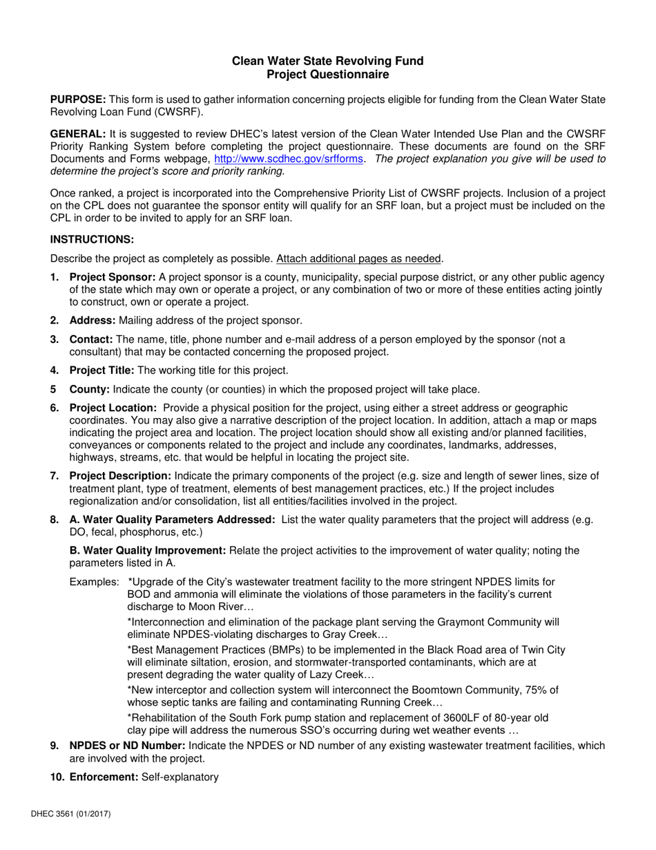 DHEC Form 3561 Clean Water State Revolving Fund Project Questionnaire - South Carolina, Page 3
