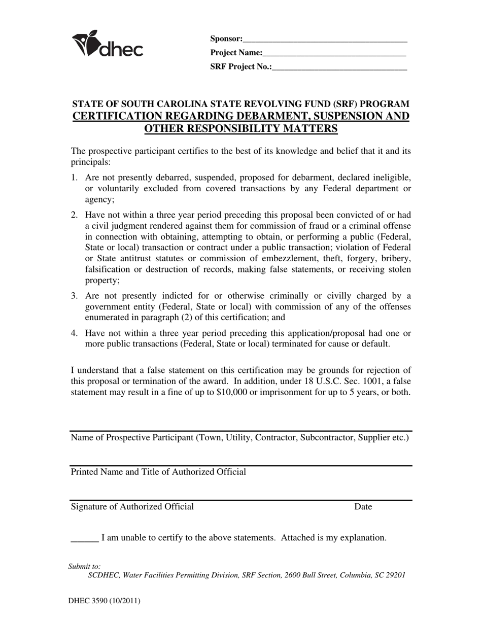 DHEC Form 3590 Certification Regarding Debarment, Suspension and Other Responsibility Matters - South Carolina, Page 1
