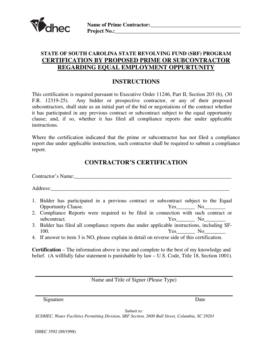 DHEC Form 3592 Certification by Proposed Prime or Subcontractor Regarding Equal Employment Oppurtunity - South Carolina, Page 1