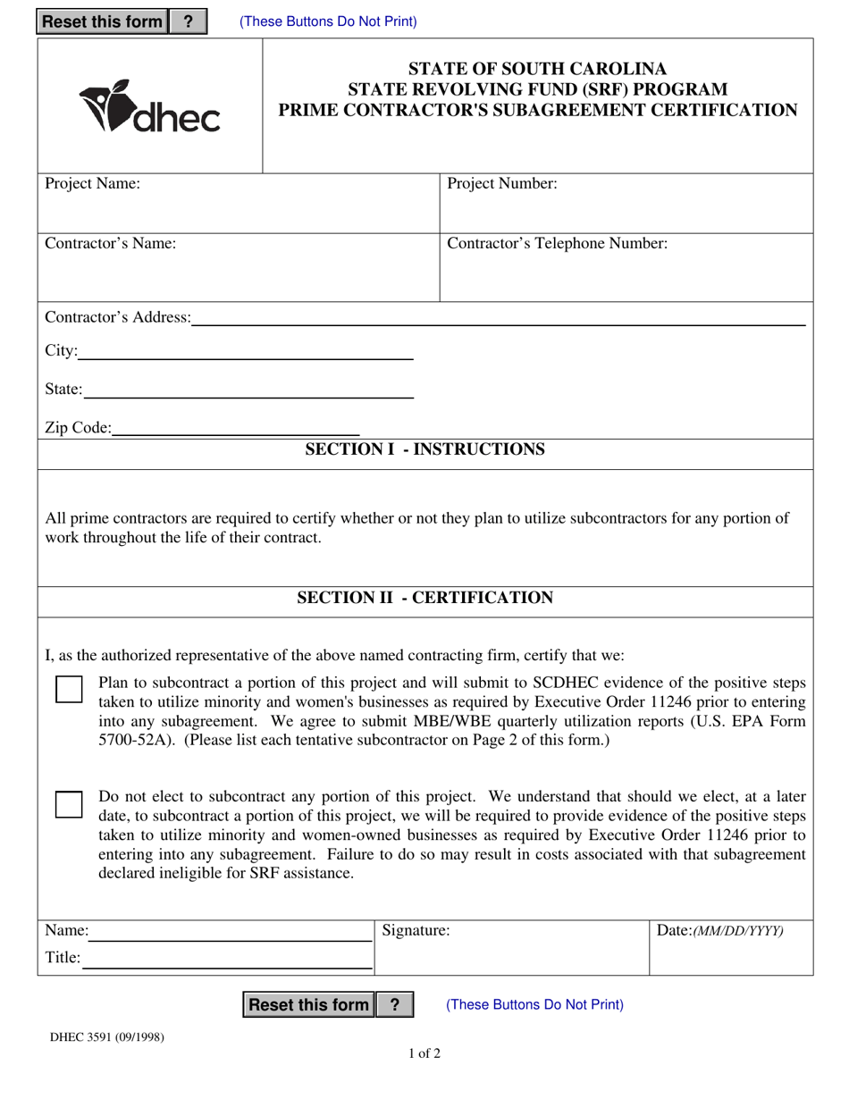 DHEC Form 3591 Prime Contractors Subagreement Certification - South Carolina, Page 1