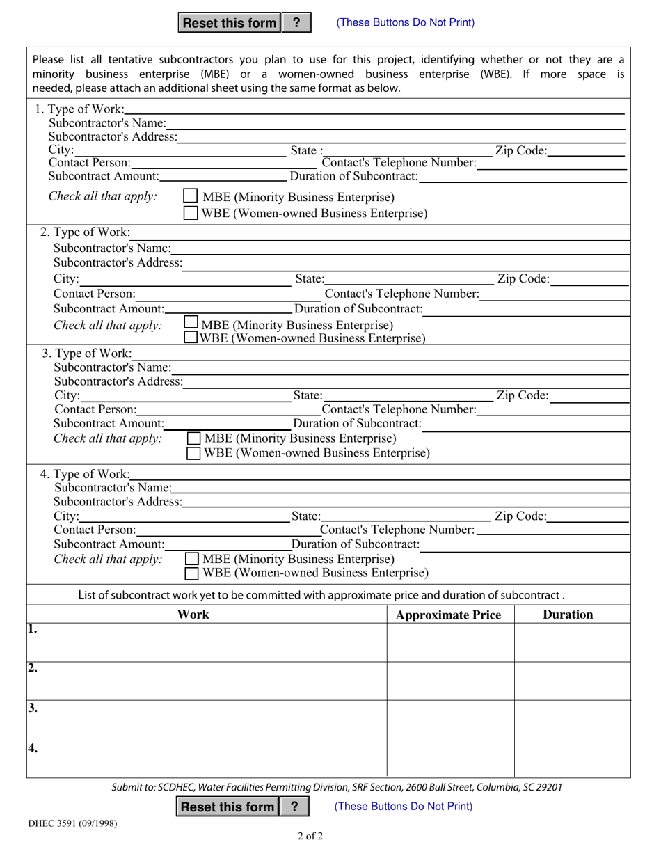 DHEC Form 3591 Prime Contractors Subagreement Certification - South Carolina, Page 2