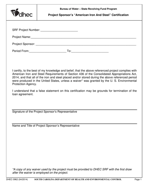 DHEC Form 0962  Printable Pdf
