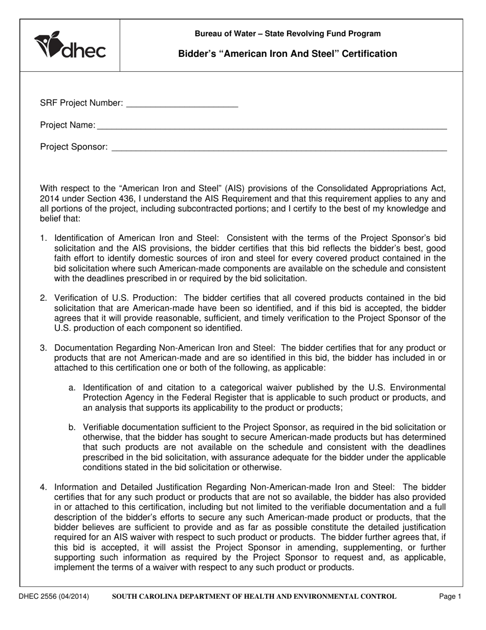 DHEC Form 2556 Bidders american Iron and Steel Certification - South Carolina, Page 1