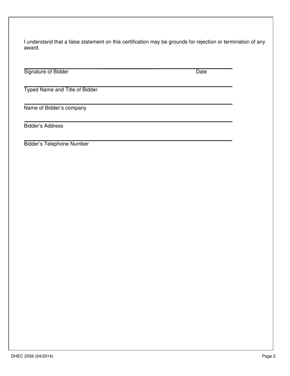 DHEC Form 2556 Bidders american Iron and Steel Certification - South Carolina, Page 2