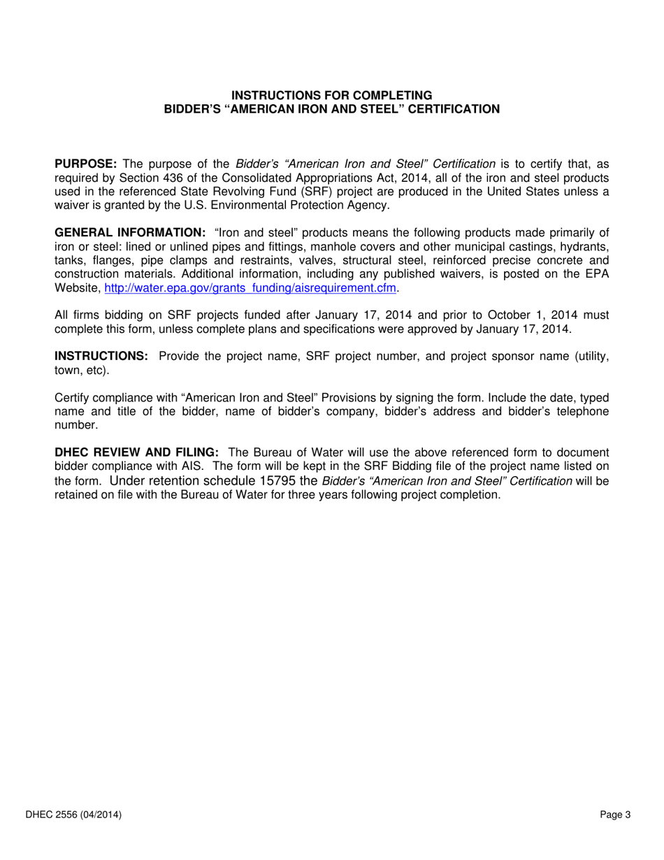DHEC Form 2556 Bidders american Iron and Steel Certification - South Carolina, Page 3