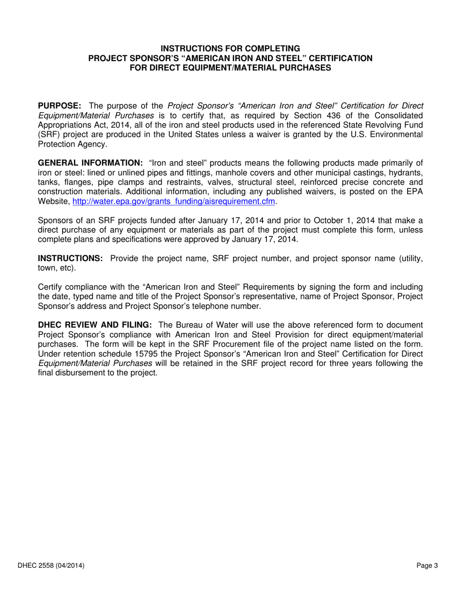 DHEC Form 2558 Project Sponsors american Iron and Steel Certification for Direct Equipment / Material Purchases - South Carolina, Page 3