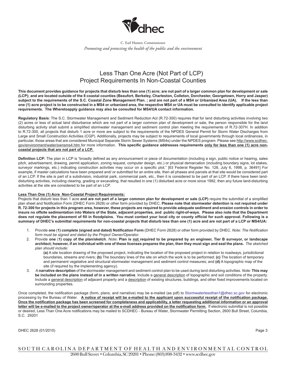 DHEC Form 2628 Notification Form for Sites Disturbing Less Than 1-acre (Not Part of a Larger Common Plan, Non-coastal County) - South Carolina, Page 3