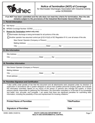DHEC Form 2609 Notice of Termination (Not) of Coverage for Stormwater Discharges Associated With Industrial Activity Under Scr000000 - South Carolina