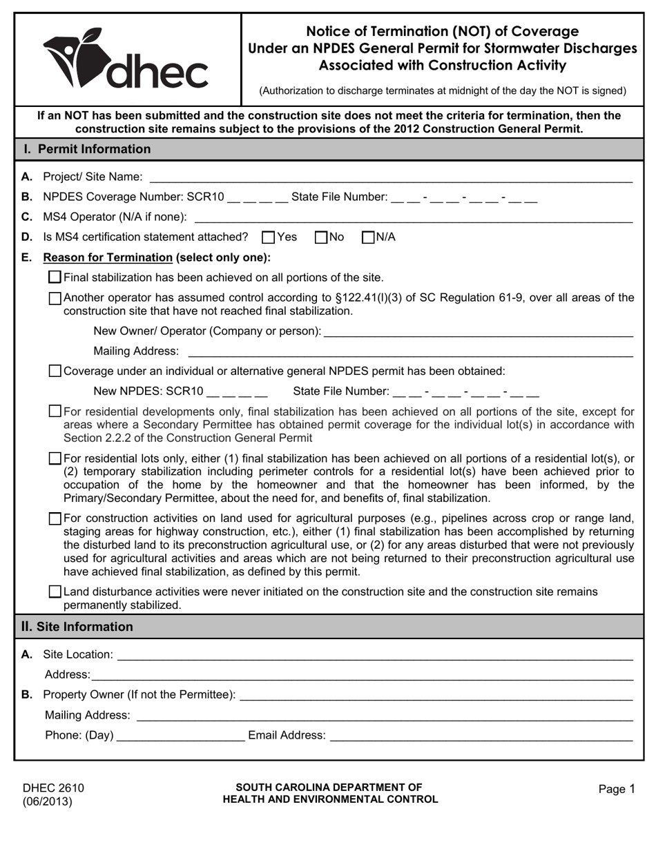 Dhec Form 2610 Fill Out Sign Online And Download Fillable Pdf South