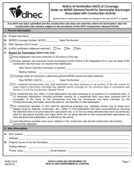 DHEC Form 2610 &quot;Notice of Termination (Not) of Coverage Under an Npdes General Permit for Stormwater Discharges Associated With Construction Activity&quot; - South Carolina