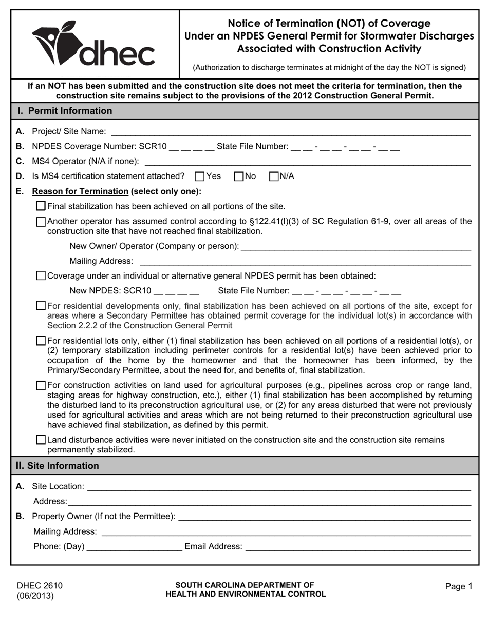 DHEC Form 2610 Notice of Termination (Not) of Coverage Under an Npdes General Permit for Stormwater Discharges Associated With Construction Activity - South Carolina, Page 1