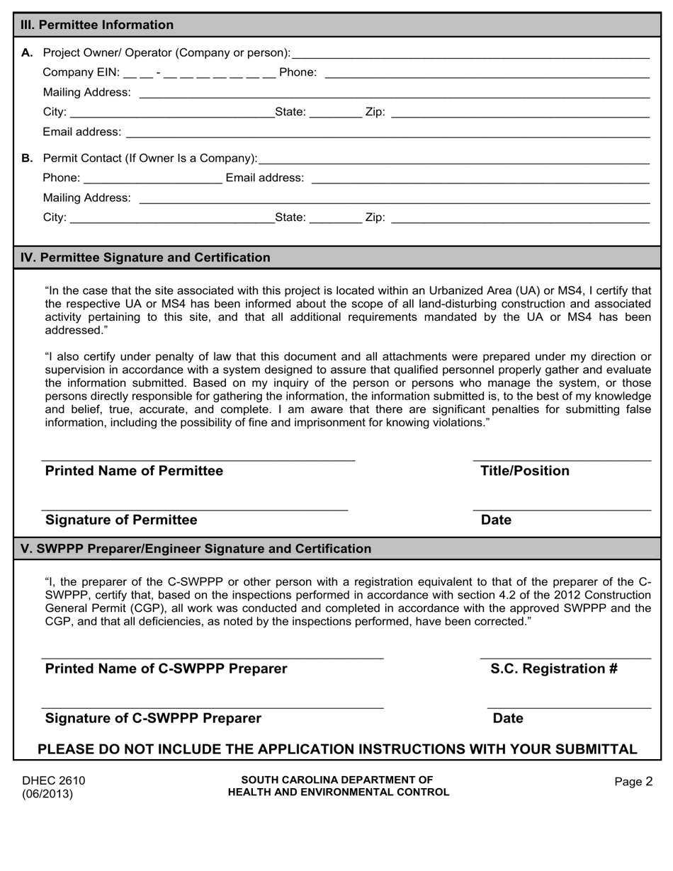 DHEC Form 2610 Notice of Termination (Not) of Coverage Under an Npdes General Permit for Stormwater Discharges Associated With Construction Activity - South Carolina, Page 2