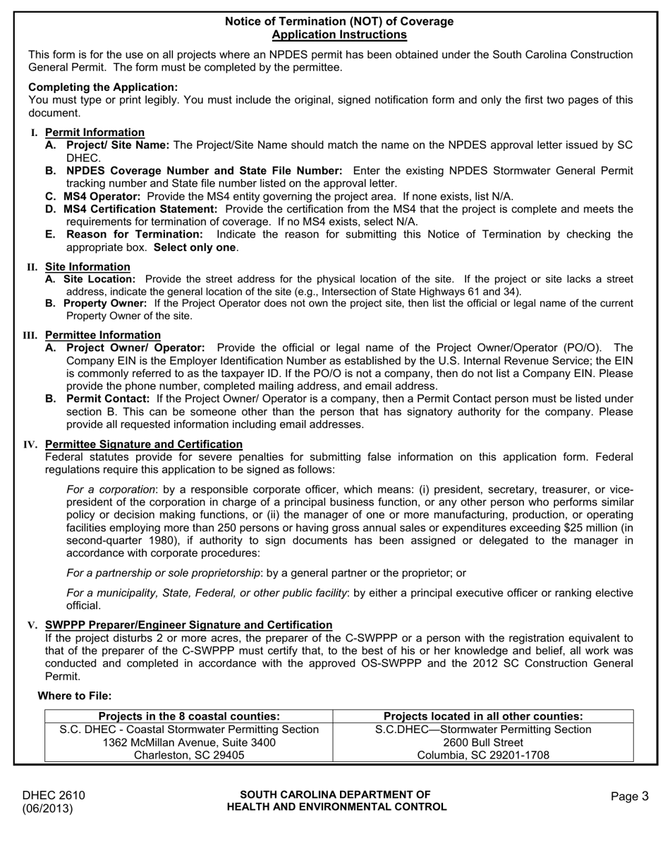 DHEC Form 2610 Notice of Termination (Not) of Coverage Under an Npdes General Permit for Stormwater Discharges Associated With Construction Activity - South Carolina, Page 3