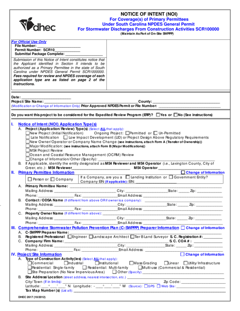 DHEC Form 2617  Printable Pdf