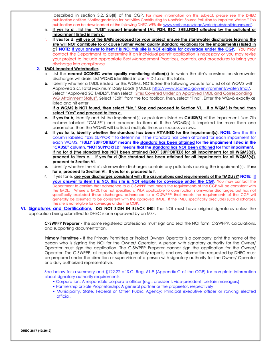 DHEC Form 2617 Notice of Intent (Noi) for Coverage(S) of Primary Permittees Under South Carolina Npdes General Permit for Stormwater Discharges From Construction Activities Scr100000 - South Carolina, Page 11