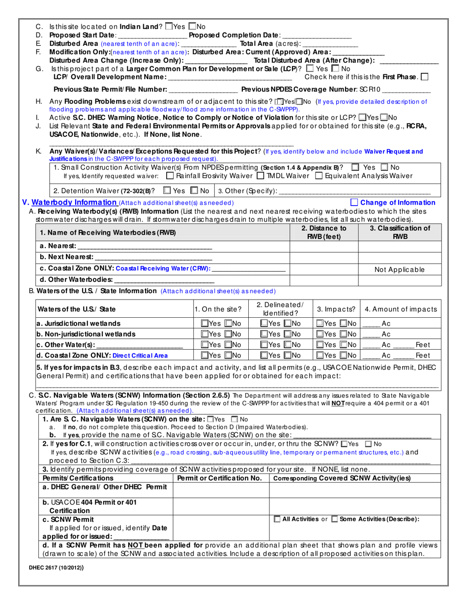 DHEC Form 2617 Notice of Intent (Noi) for Coverage(S) of Primary Permittees Under South Carolina Npdes General Permit for Stormwater Discharges From Construction Activities Scr100000 - South Carolina, Page 2